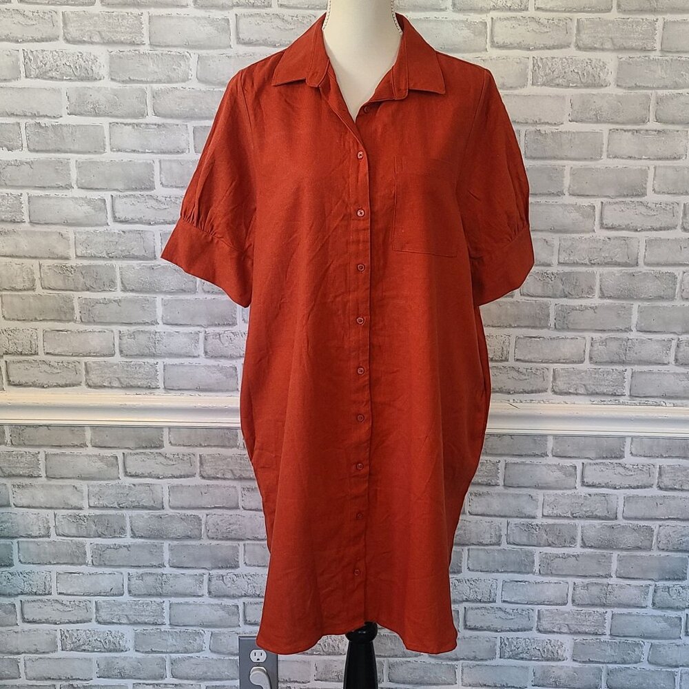 Linen Blend Shirt Dress Burnt Orange Large Lagenlook Coastal Resort Relaxed NEW
